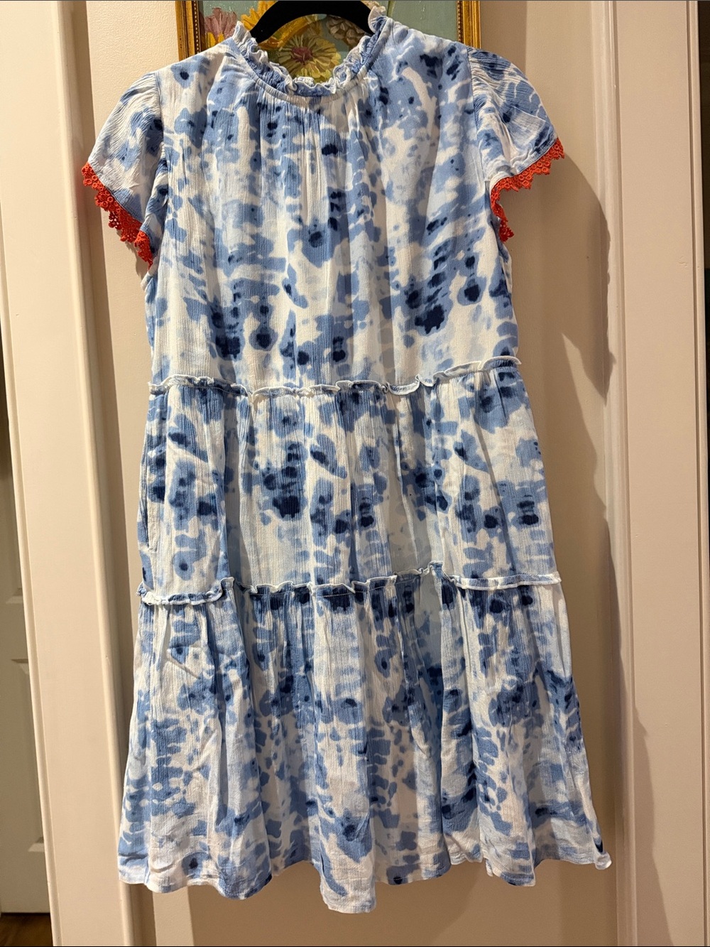 THML Blue Tie-Dye Tiered Dress with Coral Lace Trim